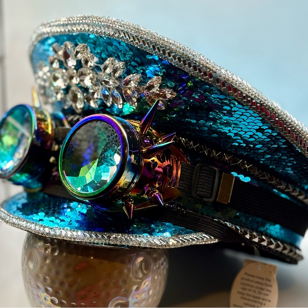 Sequin Embellished Blue Hat with Goggles